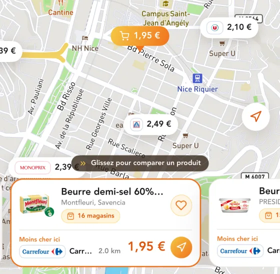 Carte de Nice dans l'application : le prix du beurre affiché sur chaque magasin, avec le moins cher, 1,95 € chez Carrefour à 2 km
