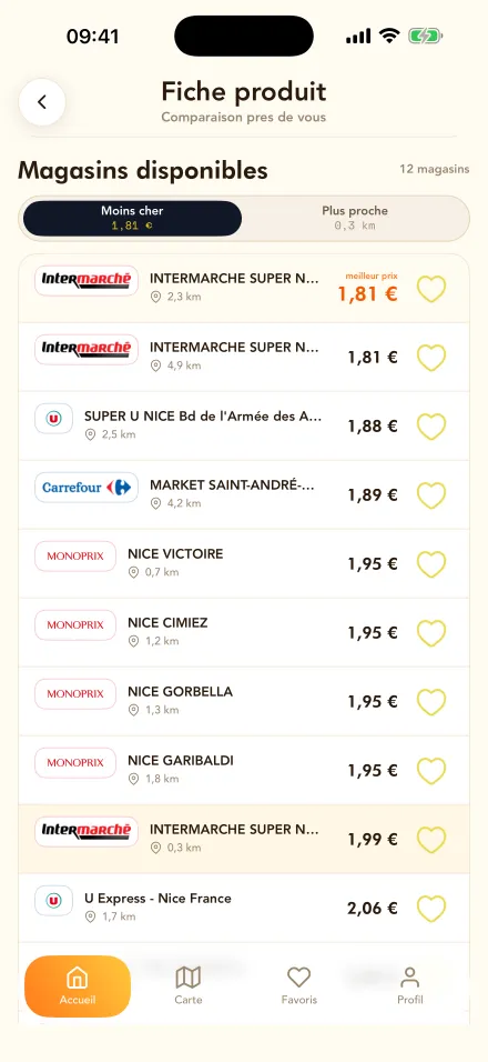 Fiche produit dans l'application FoodChoice : les 12 magasins autour de Nice qui vendent le produit, classés du moins cher : 1,81 € chez Intermarché, 1,88 € chez Super U, 1,89 € chez Carrefour Market