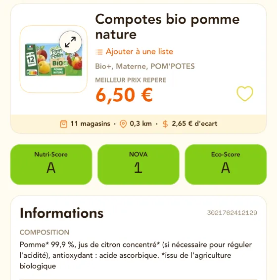 Fiche produit des compotes bio pomme nature Pom'Potes : le meilleur prix repéré, 6,50 €, dans 11 magasins avec 2,65 € d'écart, puis Nutri-Score A, NOVA 1, Eco-Score A et la composition