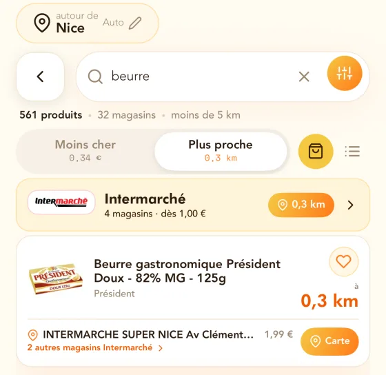 Recherche « beurre » dans l'application autour de Nice : 561 produits dans 32 magasins à moins de 5 km, triés du moins cher au plus proche